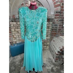 dress formal beaded 100% silk swing skirt shoulder pads blue